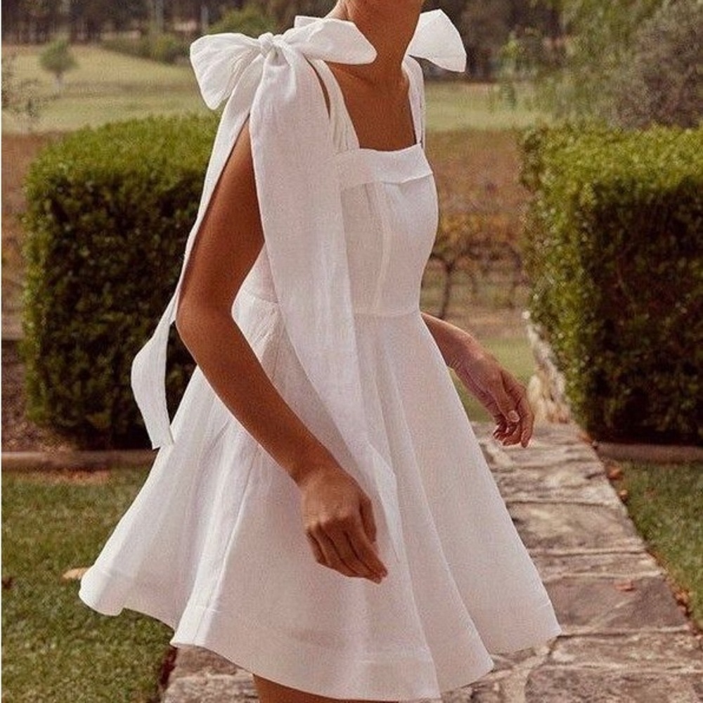 DIISH Aisle White Linen Bow Mini Dress